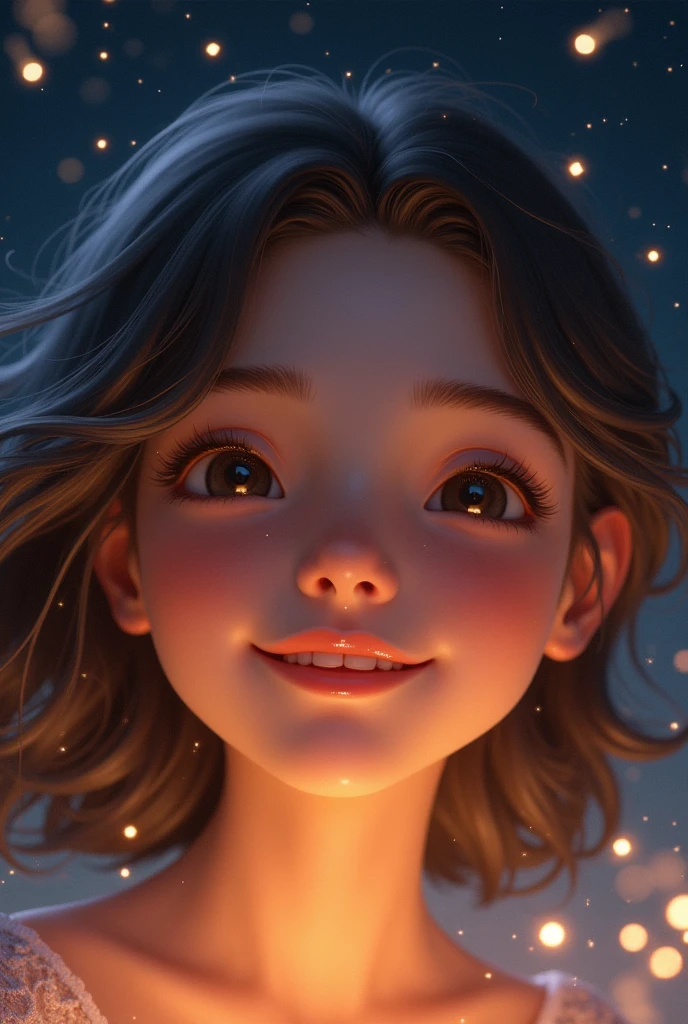Illustrate this sentence:
Your smile is as beautiful as a starry night,both light up my world