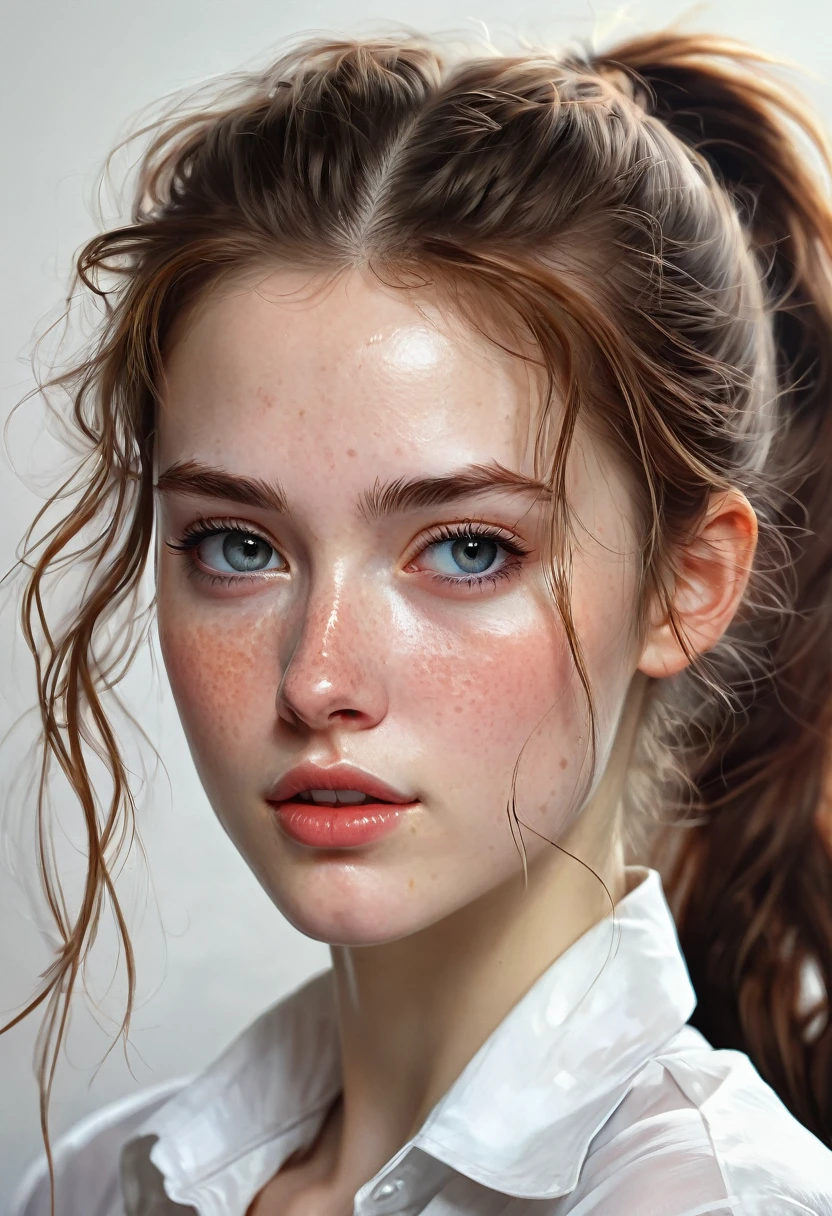 closeup of a Breathtaking hot school girl wearing a unbuttoned tight white shirt with long dynamic hair in a messy ponytail , pale skin, perfect skin, black eyeliner , long eyelashes, soft skin, slight freckles, defined cheek bones, high cheek bones,  round face, cheery, blushing, magic mist, digital painting,  digital illustration,  extreme detail,  digital art,  4k,  ultra hd, Anna Dittmann, greg rutkowski, alyssa monks, hyperrealism, trending on artstation, by Egon Schiele, gustave dore, david mann, vintage photography,  beautiful,  tumblr aesthetic,  hd photography,  hyperrealism