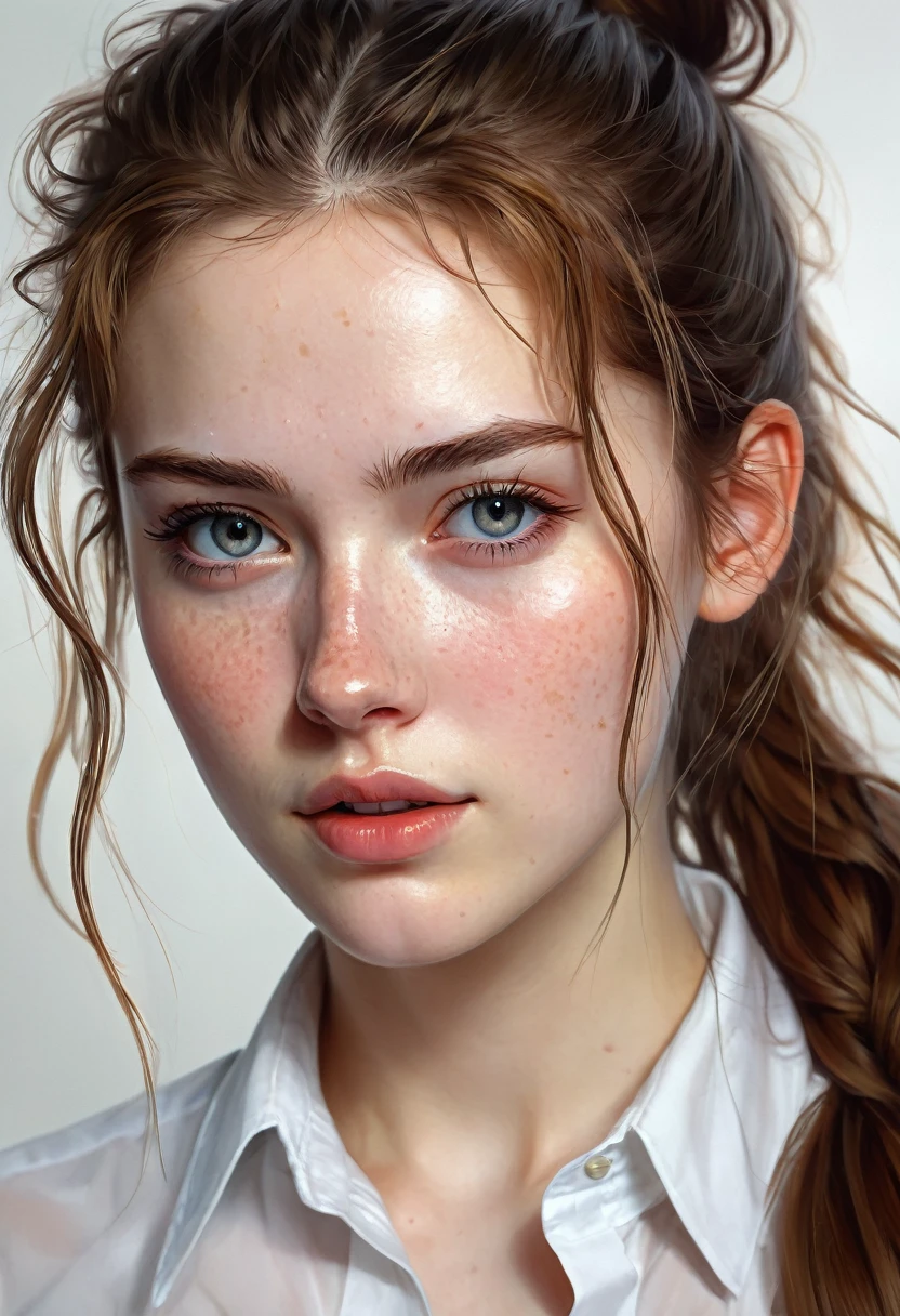 closeup of a Breathtaking hot school girl wearing a unbuttoned tight white shirt with long dynamic hair in a messy ponytail , pale skin, perfect skin, black eyeliner , long eyelashes, soft skin, slight freckles, defined cheek bones, high cheek bones, round face, cheery, blushing, magic mist, digital painting, digital illustration, extreme detail, digital art, 4k, ultra hd, Anna Dittmann, greg rutkowski, alyssa monks, hyperrealism, trending on artstation, by Egon Schiele, gustave dore, david mann, vintage photography, beautiful, tumblr aesthetic, hd photography, hyperrealism