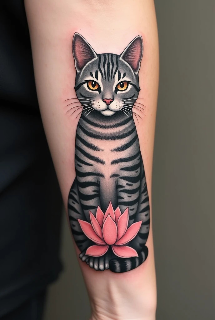 Tattoo of a grey cat with stripes and a small lotus flower