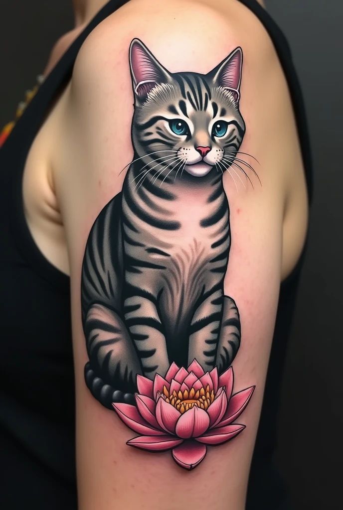 Tattoo of a grey cat with stripes and a small lotus flower