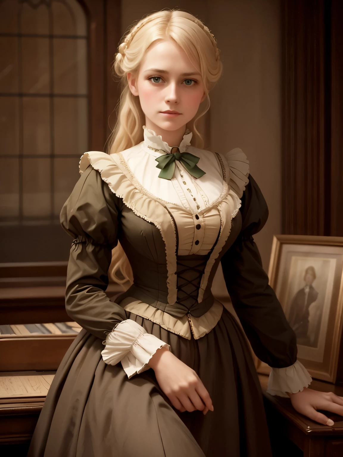 Lady Georgie Gerald, 1887, blond hair, green eyes. Victorian style.