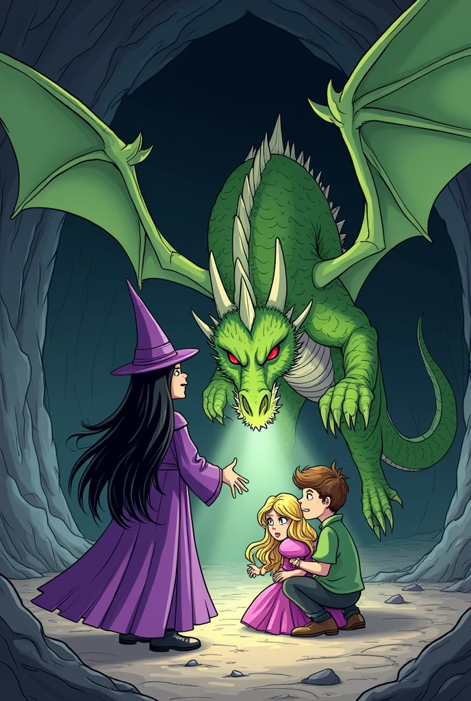 A scene in a cave with an evil witch in a purple dress and black hair casting a spell on a brown-haired prince and a blonde-haired princess in a pink dress, but there is a good green dragon that forms a barrier with its beautiful wings to protect the princess and the prince from the witch's spell., they look desperate.
Black and white image style, cartoonized minimalist, hand drawing line, for coloring