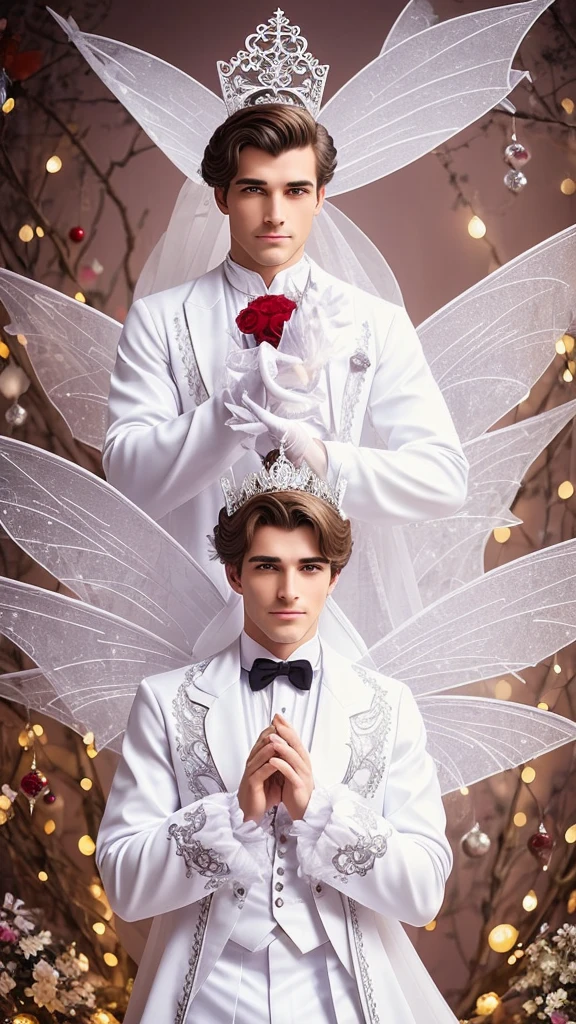 a man dressed as a fairy godmother, with an all-white outfit adorned with black and red details. A man must have a charming expression and a magical touch in his eyes.. In your hands, he must hold a large amount of money, that is visibly visible and eye-catching. The background can be neutral or a fairytale setting to complement the magical theme of the costume.. 