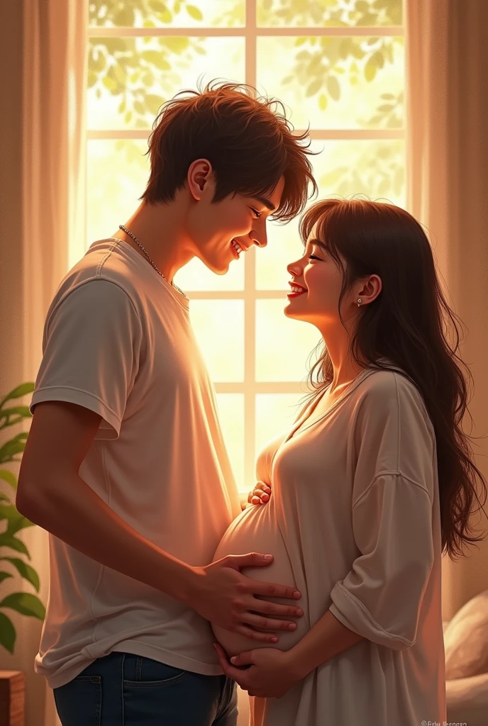 Can you make a picture where bts yoongi is with a happy face while he is pregnant?, Now next to him is Park Jimin from BTS