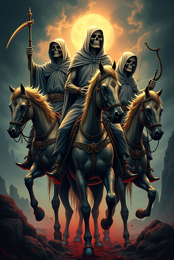 A tattoo decal of the four horsemen of the apocalypse as skeletons riding their undead horses, full sleeve, dark art style 