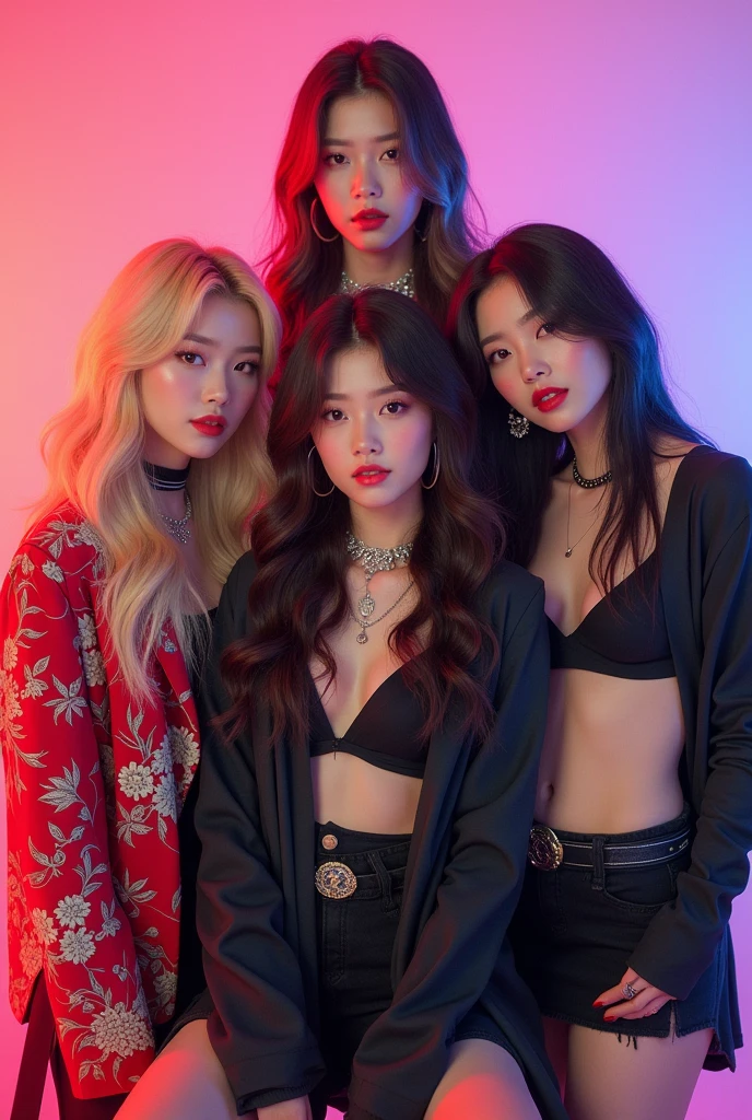 Kpop girl group 4 members 2 with blonde hair and 2 with brown ,  i wanna use to eun bi ex member of izone, jeon soomi, the influencer ponymakeup and sora 