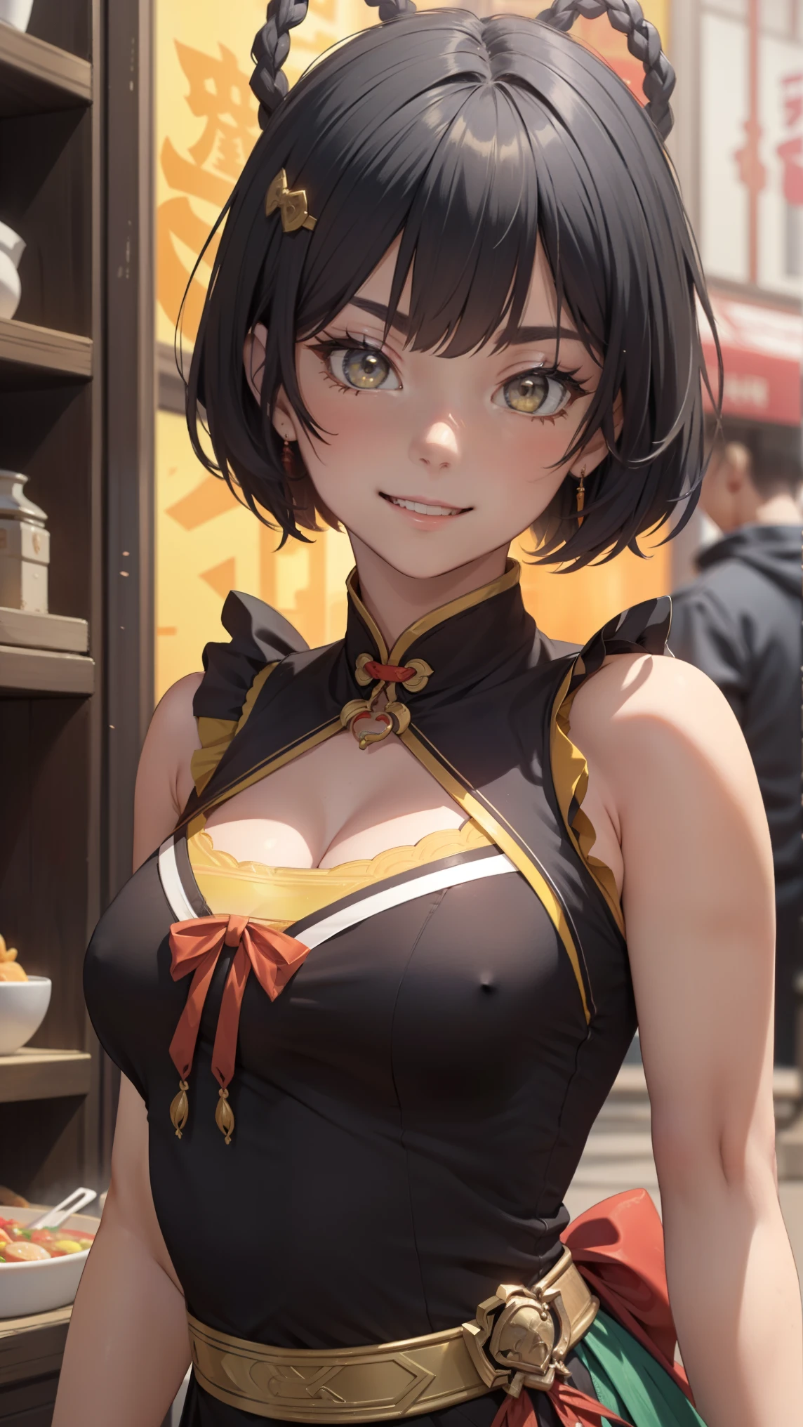 masterpiece, top quality, high detailed, detailed face, bright Eyes, outdoor, blurred background, dynamic poses, dynamic angle, (from the front),standing, (small breasts),(pokies),(see through dress),(Looking forward:1.5), xianglingdef,joyful, laughing, hot and spicy, happy, in a old traditional Chinese restaurant
