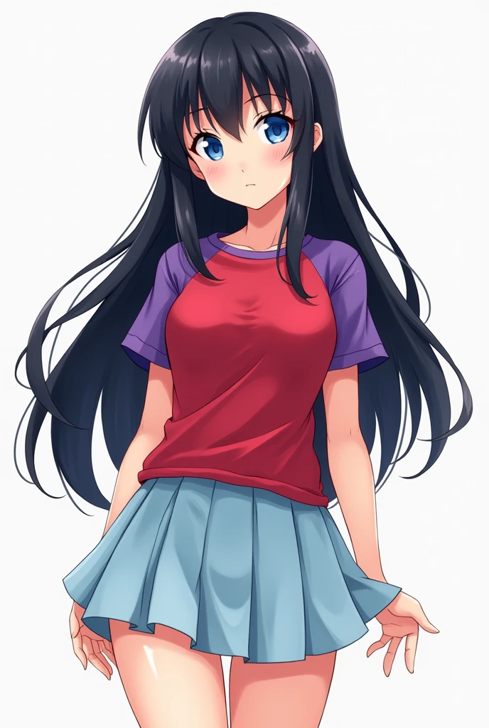 (masterpiece), best quality, expressive eyes, perfect face, the character is a beautiful anime-style girl with very long black hair and blue eyes, a large chest, a slender body and slender legs, a modern red t-shirt with short purple sleeves, a light blue pleated mini skirt, pixel art, red t-shirt wet, walk pose, slim legs.
