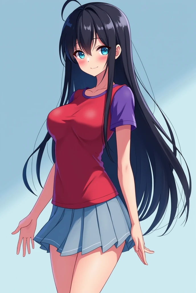 (masterpiece), best quality, expressive eyes, perfect face, the character is a beautiful anime-style girl with very long black hair and blue eyes, a large chest, a slender body and slender legs, a modern red t-shirt with short purple sleeves, a light blue pleated mini skirt, pixel art, red t-shirt wet, walk pose, slim legs.