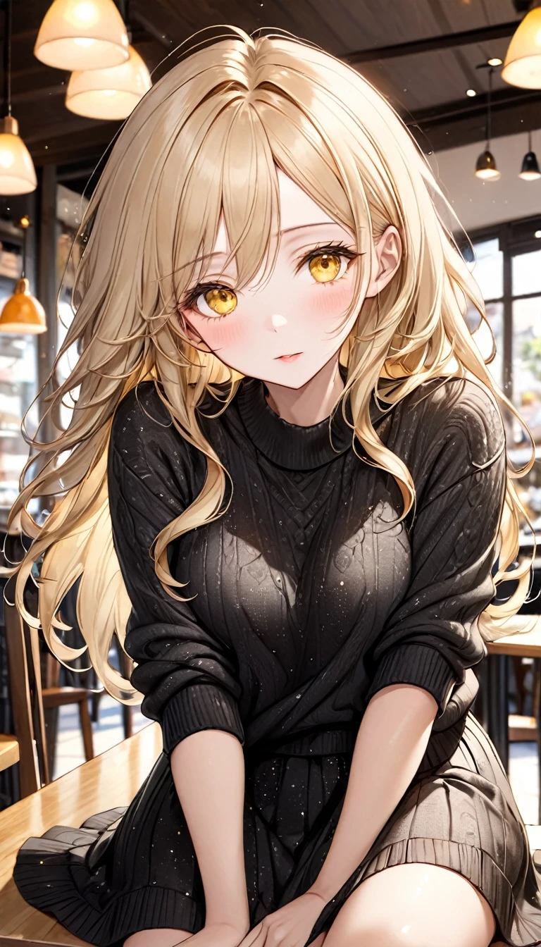 best quality, super fine, 16k, incredibly absurdres, extremely detailed, 2.5D, delicate and dynamic depiction, beautiful woman, amorous and lewd expression, light brown messy wavy hair, light blonde hair, yellow eyes, make-up, wearing loose fitting black summer knit sweater and long skirt, sitting in cafe, sparkly fluffy effect, portraits, prime lenses, lens filters, clear subject
