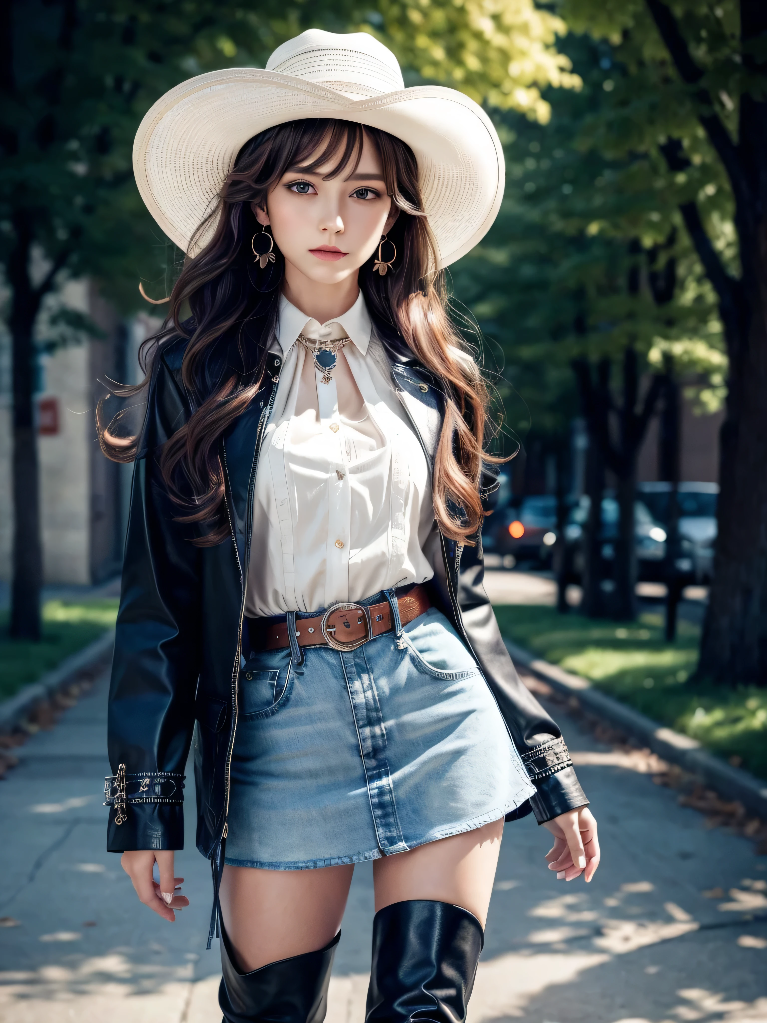 Cool Cowgirl, Cowboy hat, blouse, Jacket, Cross Belt, mini skirt, Knee-high boots, Absurd, RAW Photos, Very delicate and beautiful, masterpiece, Highest quality, Ultra-high resolution, 32K, Surreal, Very detailed, Detailed Description, 20-year-old,Earrings,Wavy Hair, Full Body Shot,