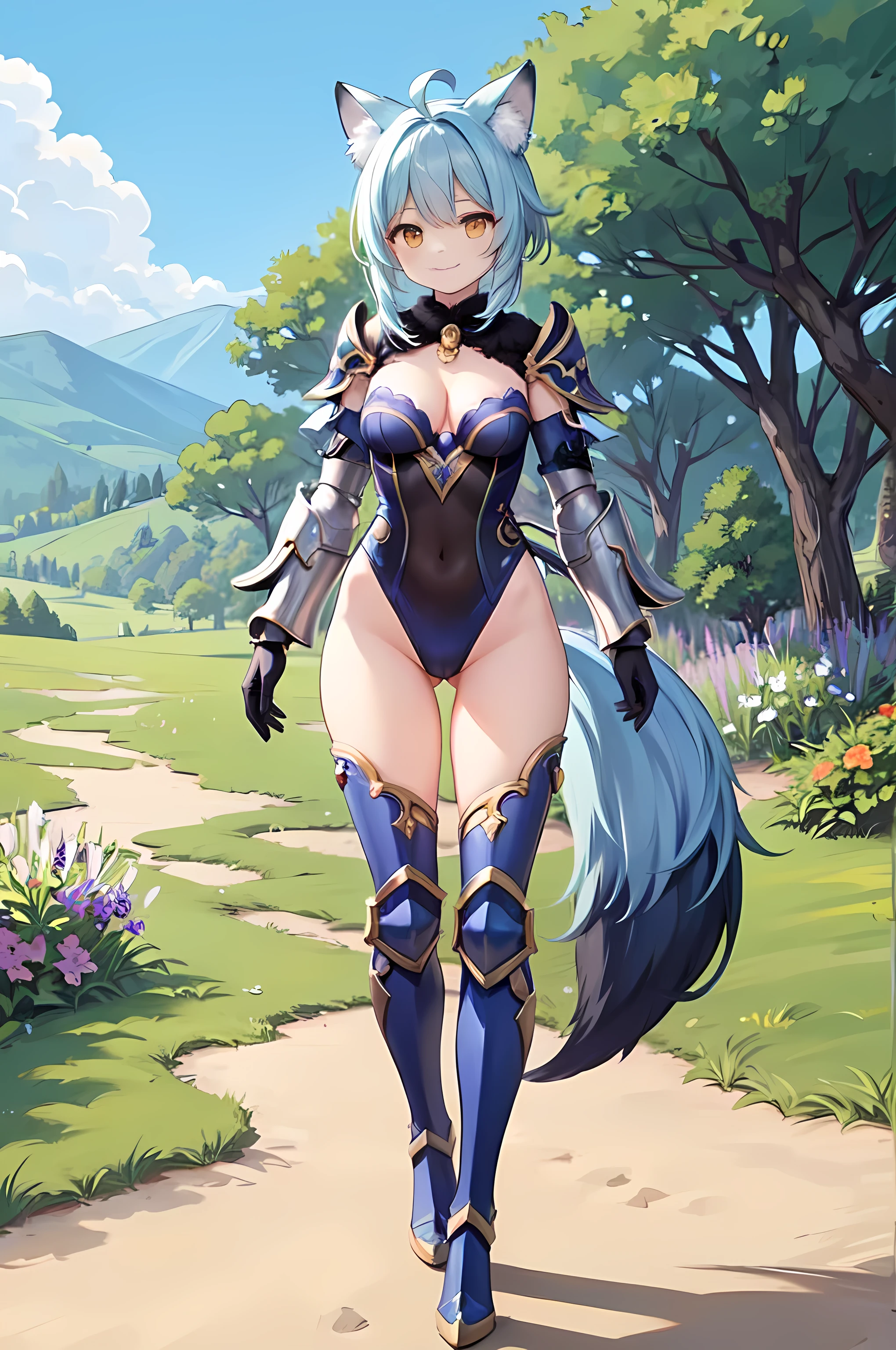 Masterpiece, 1girl, ahoge, animal ear fluff, fox ears, armor, armored boots, ass visible through thighs, bangs, black gloves, blue hair, boots, breasts, cleavage, closed mouth, covered navel, day, flower, full body, gloves, grass, highleg leotard, sexy leotard, long hair, long sleeves, looking at viewer, perfect body, medium breasts, outdoors, shoulder armor, sky, solo, standing, fox tail, thigh boots, thighhighs, tree, yellow eyes, smile, Genshin Impact style