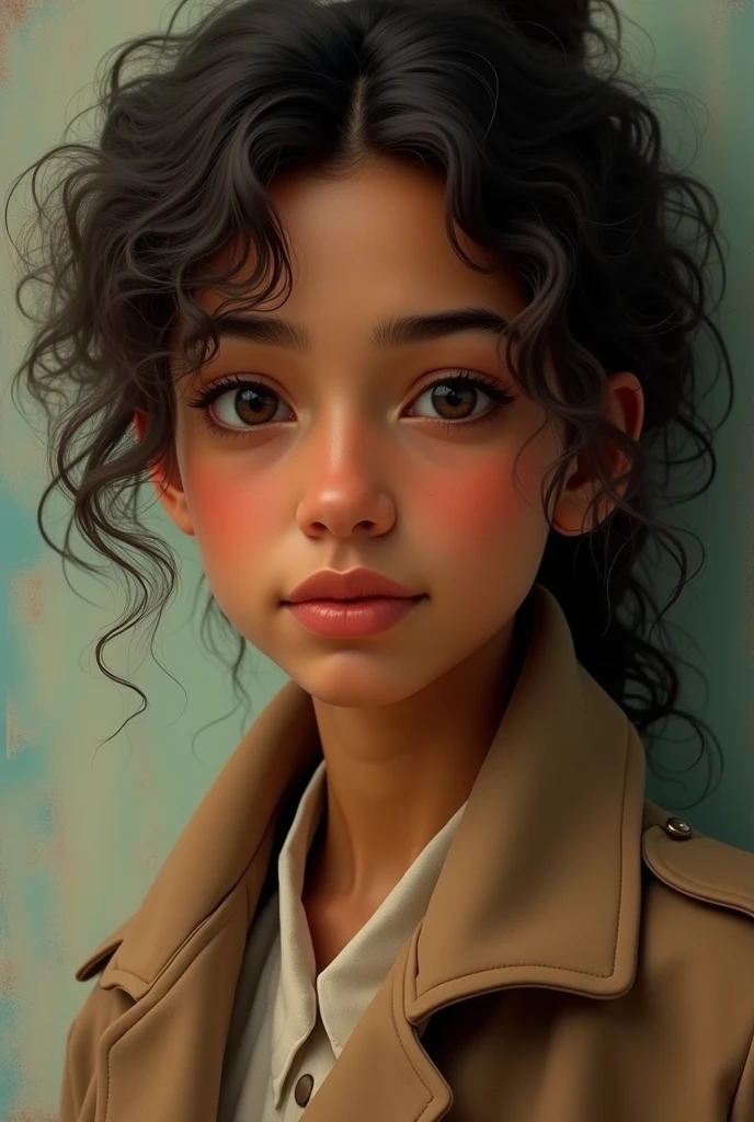 A beautiful Brazilian woman with a closed coat, black curly hair, white skin, brown eyes, Christian, Pixar style