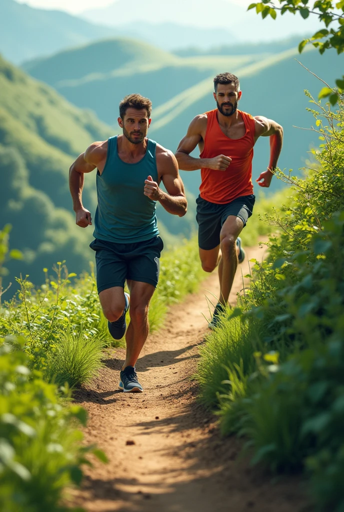 2 mans running upward to hills