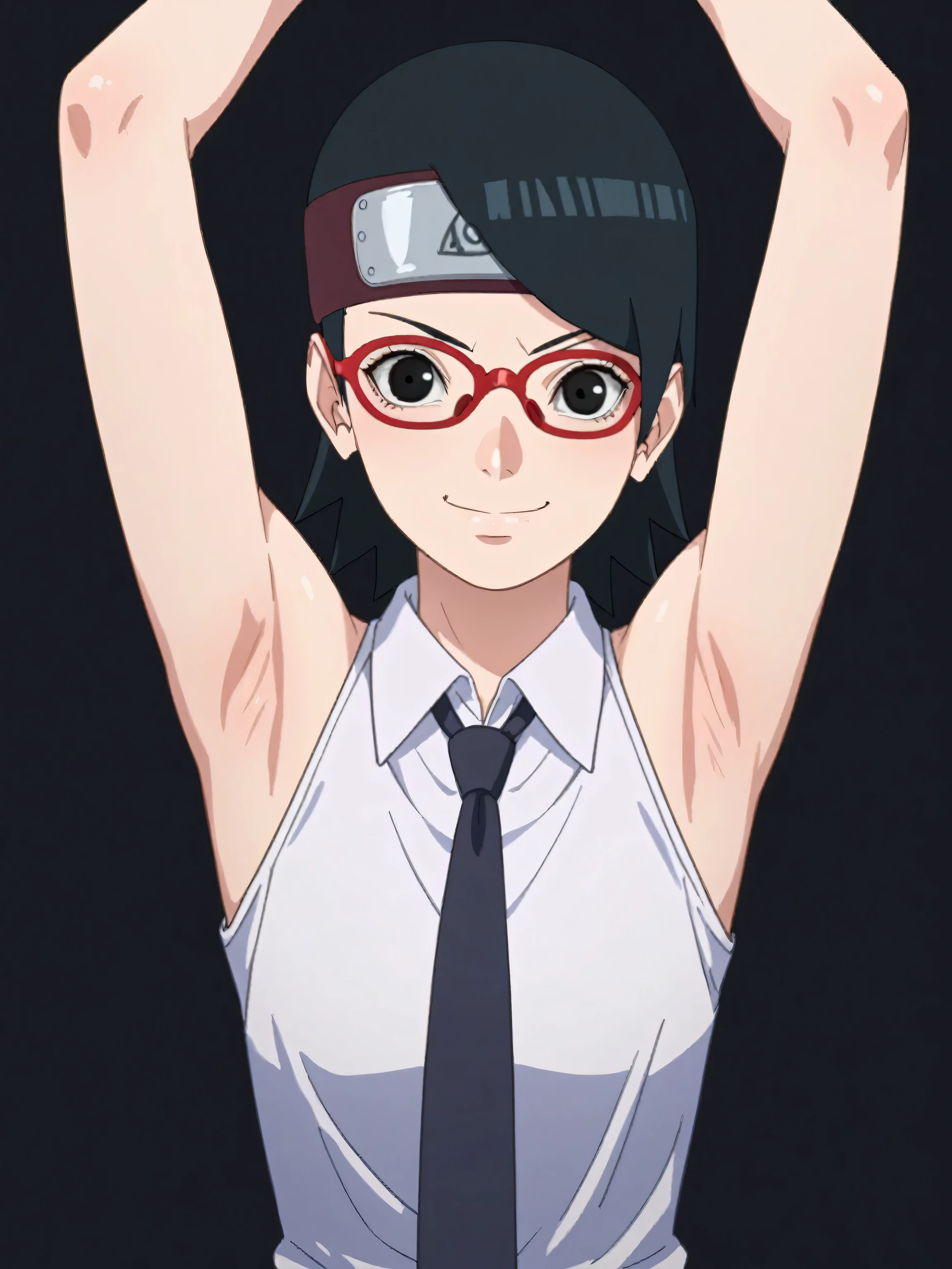 score_9, score_8_up, score_7_up, source_anime, 1girl, solo, sarada uchiha, short hair, black hair, black eyes, red-framed eyewear, glasses, swept bangs, looking at viewer, eye contact with viewer, smile, (smug:0.8), closed mouth, light blush, office lady, tie, necktie, black necktie, shirt, white shirt, formal shirt, collared shirt, sleeveless shirt, bare shoulders, bare arms, black background, arms up, raised arms, arms behind head, armpits