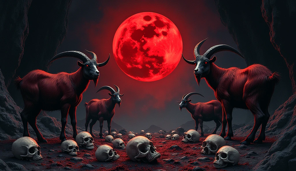 Flyer for concert Features: Satanic goat, decomposing corpse, Blood Moon Fest, darkness, terror
Color: black and red