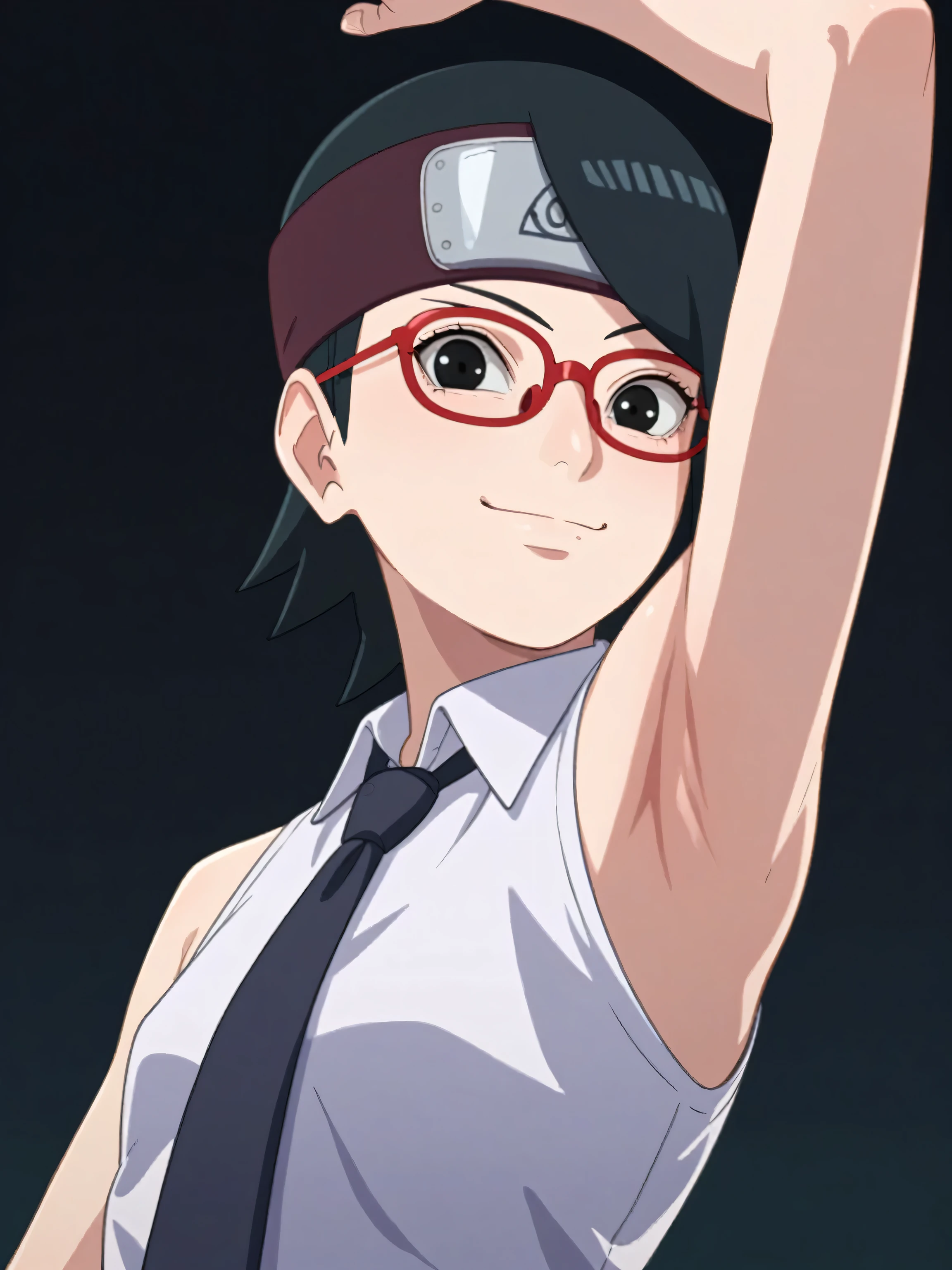 score_9, score_8_up, score_7_up, source_anime, 1girl, solo, sarada uchiha, short hair, black hair, black eyes, red-framed eyewear, glasses, swept bangs, looking at viewer, eye contact with viewer, smile, (smug:0.8), closed mouth, light blush, office lady, tie, necktie, black necktie, shirt, white shirt, formal shirt, collared shirt, sleeveless shirt, forehead protector, bare shoulders, bare arms, flat chest, black background, arm up, raised arm, arm behind head, armpit, from side, from below