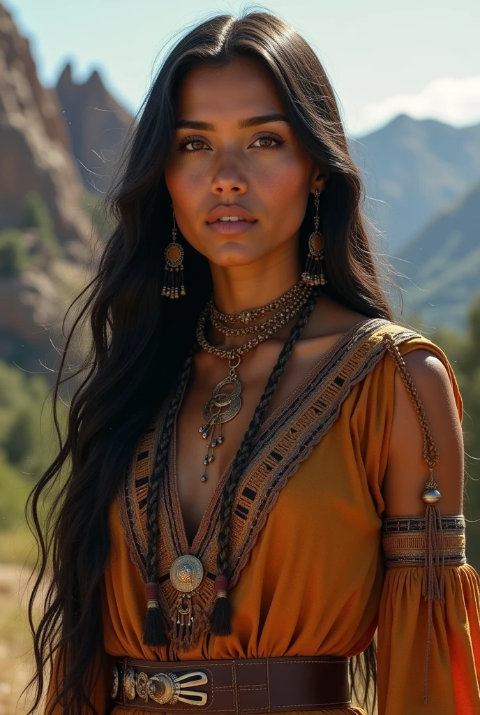 Beautiful American Indian woman from Apache tribe full body front right