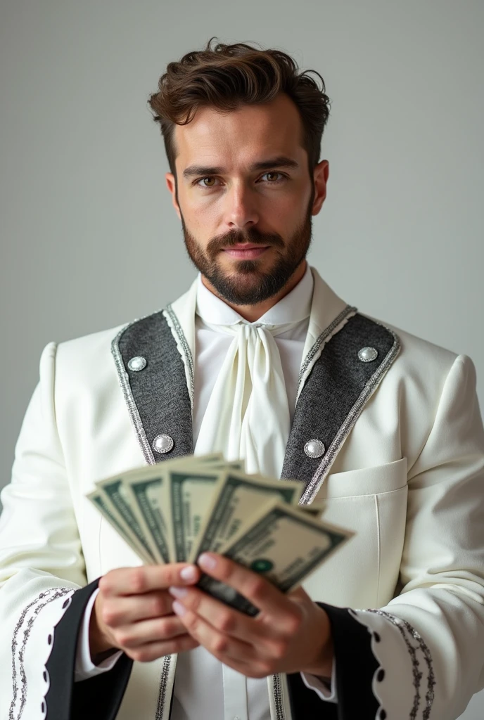 a man dressed as a fairy godmother, with an all-white outfit adorned with black and red details. A man must have a charming expression and a magical touch in his eyes.. In your hands, he must hold a large amount of money, that is visibly visible and eye-catching. The background can be neutral or a fairytale setting to complement the magical theme of the costume.. 
