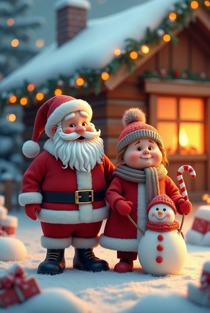 Santa Claus with his wife ,chubby woman snowman,candy cane