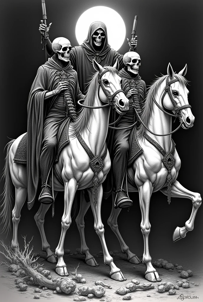 A tattoo decal of the four horsemen of the apocalypse as skeletons riding their undead horses, full sleeve, blackwork style
