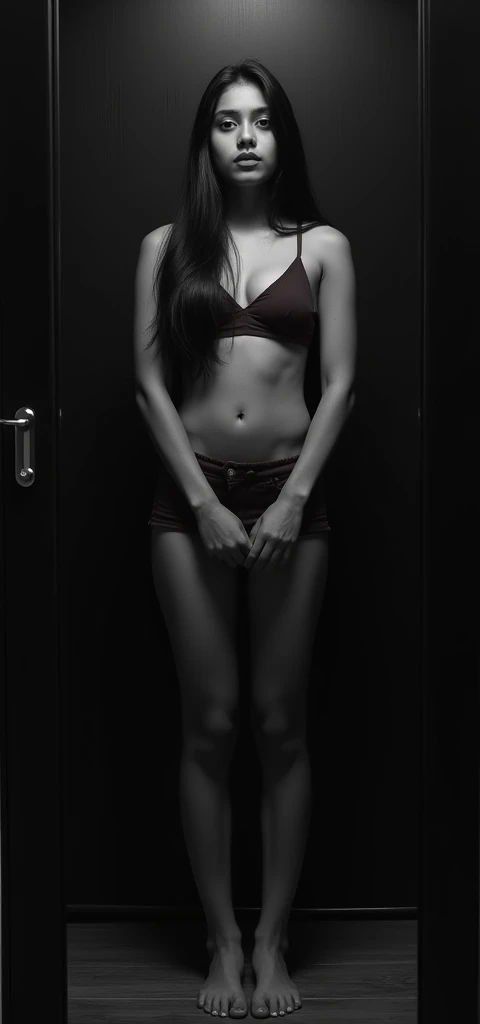 (Photorealistic:1.2) indian girl, teenrror selfie, small breasts, topless, long straight hair, hair hides breasts, standing pose, front gacing shot, background covered by black wardrobe, sides of mirror not visible, maroon shorts, legs crossed, dark room, spottlight from top, black and white