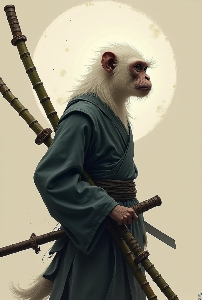 an albino monkey samurai ninja, in profile with an inverted bamboo sword