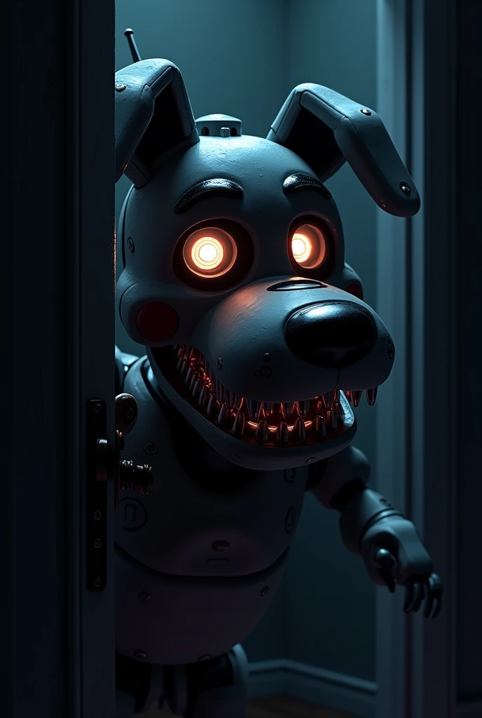 Create an image, of an animatronic in the form of an anthropomorphic dog spying behind the slightly open door. the image must be dark, frightening and causing discomfort. In the image, only the animatronic&#39;s eyes can be seen shining in the darkness and his macabre smile.. It must be an anime version image. This animatronic must have a robotic appearance.. The dog should look like Sparky from FNAF