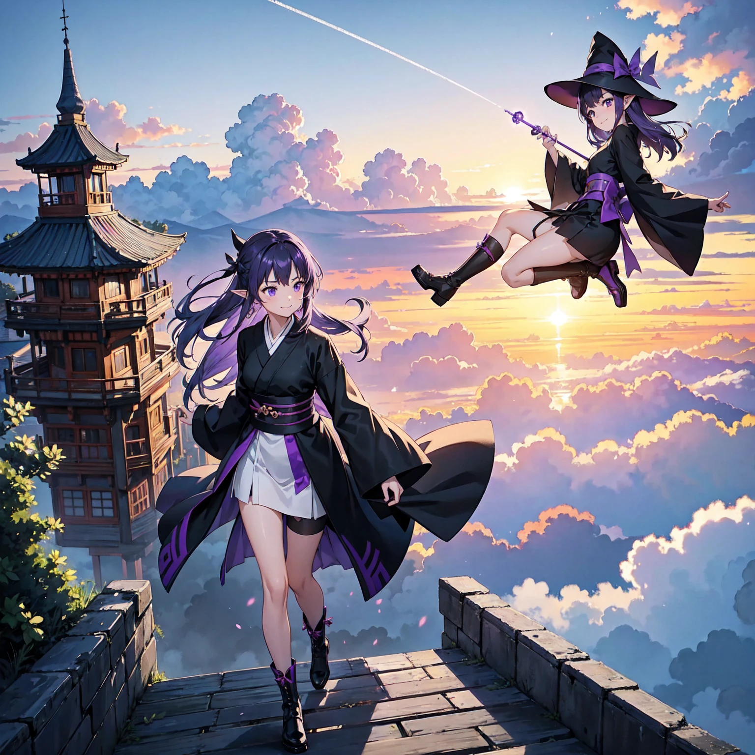 A girl with long violet-purple hair. A gentle, full smile. Pointy elf ears. Her clothes are simple: a black robe with wide sleeves and a black miniskirt. Her knees are showing. The front has a V-shaped white insert like a kimono. A witch's hat with purple ribbons on either side. Gentle face. Black boots. Background, bright painting, Makoto Shinkai, floating long stairs, floating stairs in the air, stairs above clouds, illustration, nostalgic, vivid, above clouds, bright, fresh, endless stairs only, sunset.
