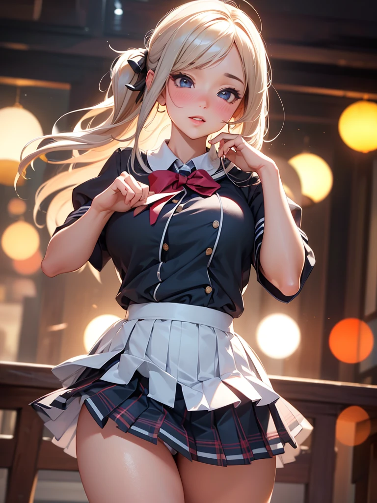 a beautiful school girl, 1girl, blushing, raising her skirt, cute white panty visible, buttocks, detailed face, detailed eyes, detailed lips, long eyelashes, intricate uniform, tight bust, pleated skirt, thighs, (best quality,4k,8k,highres,masterpiece:1.2),ultra-detailed,(realistic,photorealistic,photo-realistic:1.37),HDR,UHD,studio lighting,ultra-fine painting,sharp focus,physically-based rendering,extreme detail description,professional,vivid colors,bokeh,photorealistic,elegant,cute,charming