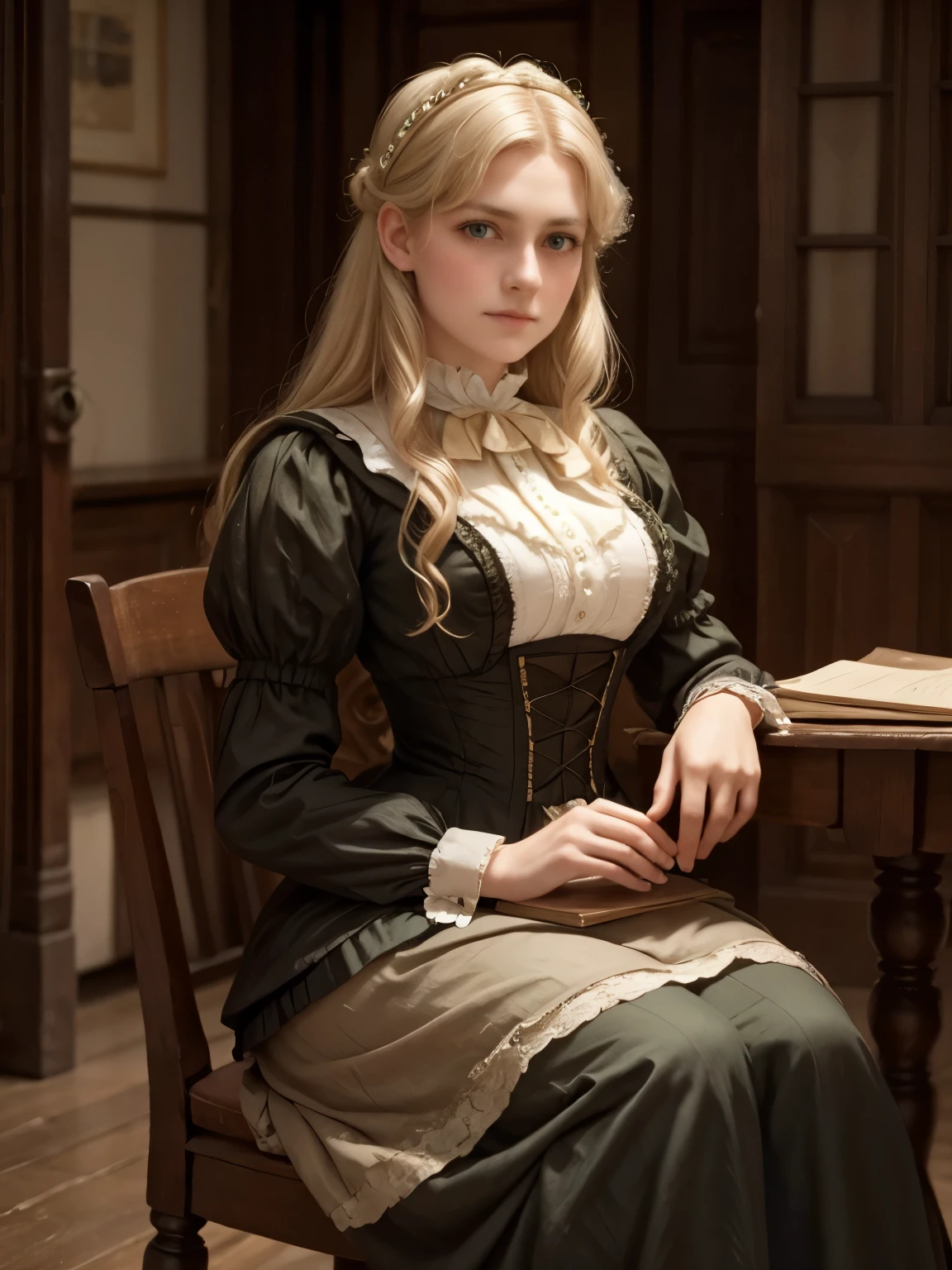 Lady Georgie Gerald, 1887, blond hair, green eyes. Victorian style.