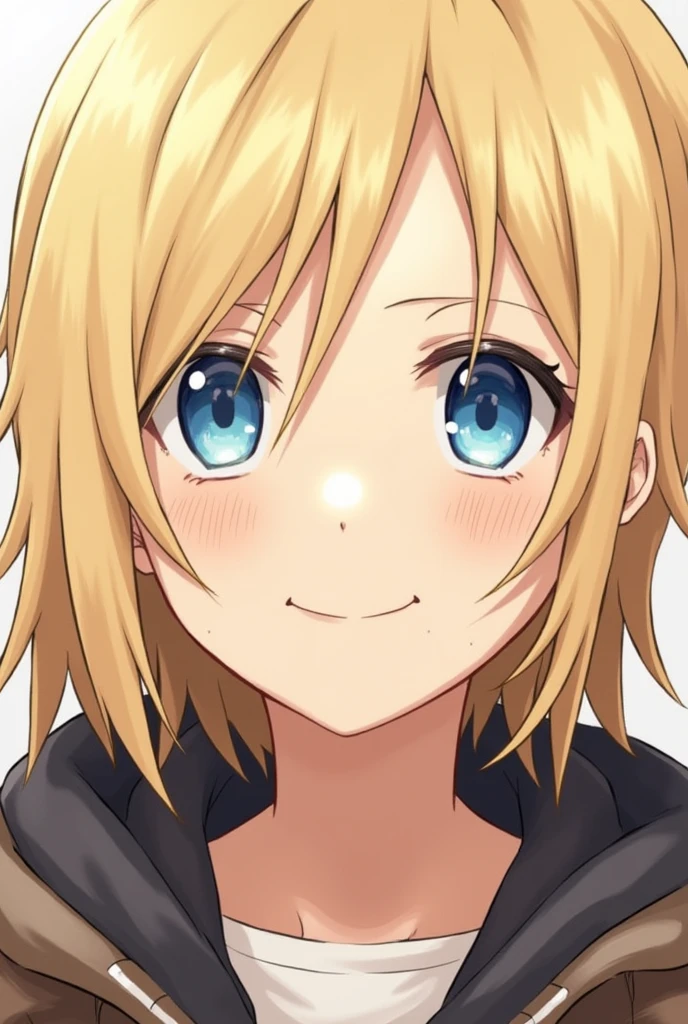 ChristiaAOT, 1girl, solo, christa renz, smile, hair between eyes, Blue eyes, blonde hair, jacket, medium hair,