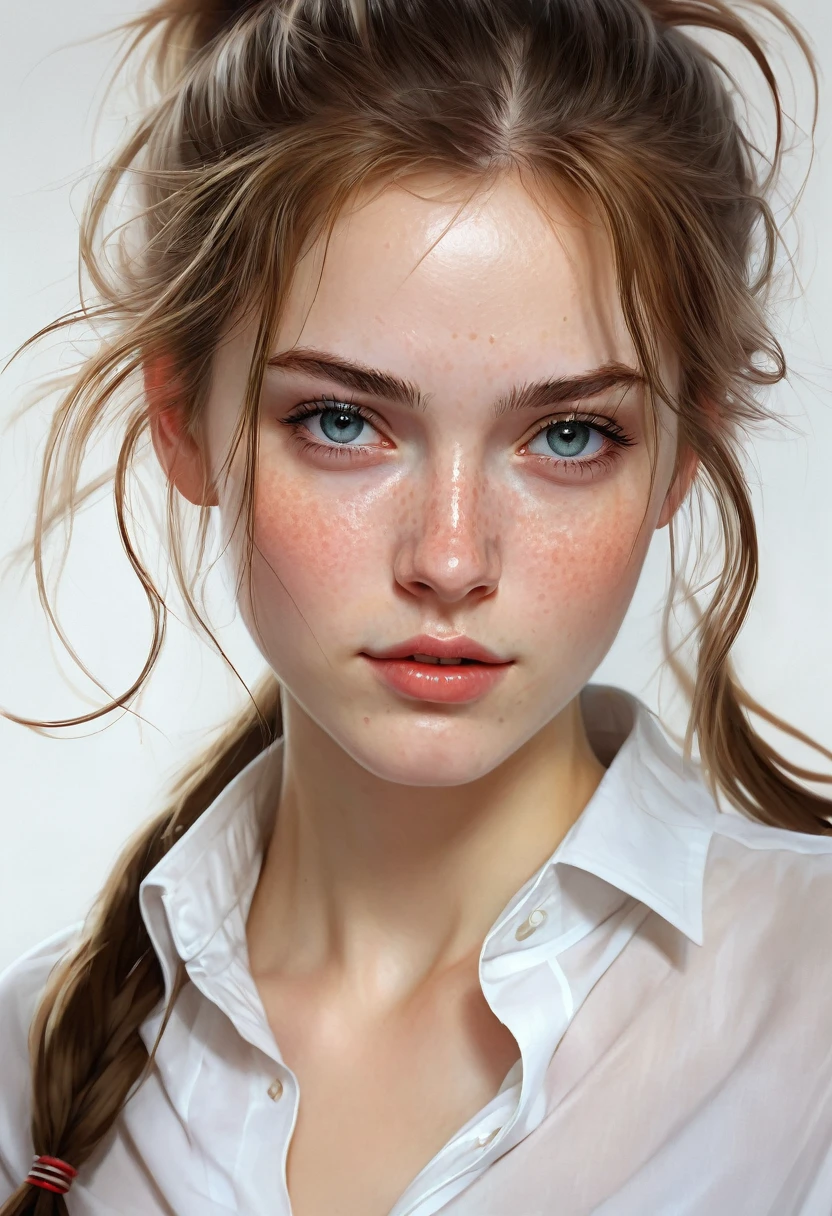 closeup of a Breathtaking hot Russian school girl wearing a unbuttoned tight white shirt with long dynamic hair in a messy ponytail , pale skin, perfect skin, black eyeliner , long eyelashes, soft skin, slight freckles, defined cheek bones, high cheek bones, round face, cheery, blushing, magic mist, digital painting, digital illustration, extreme detail, digital art, 4k, ultra hd, Anna Dittmann, greg rutkowski, alyssa monks, hyperrealism, trending on artstation, by Egon Schiele, gustave dore, david mann, vintage photography, beautiful, tumblr aesthetic, hd photography, hyperrealism