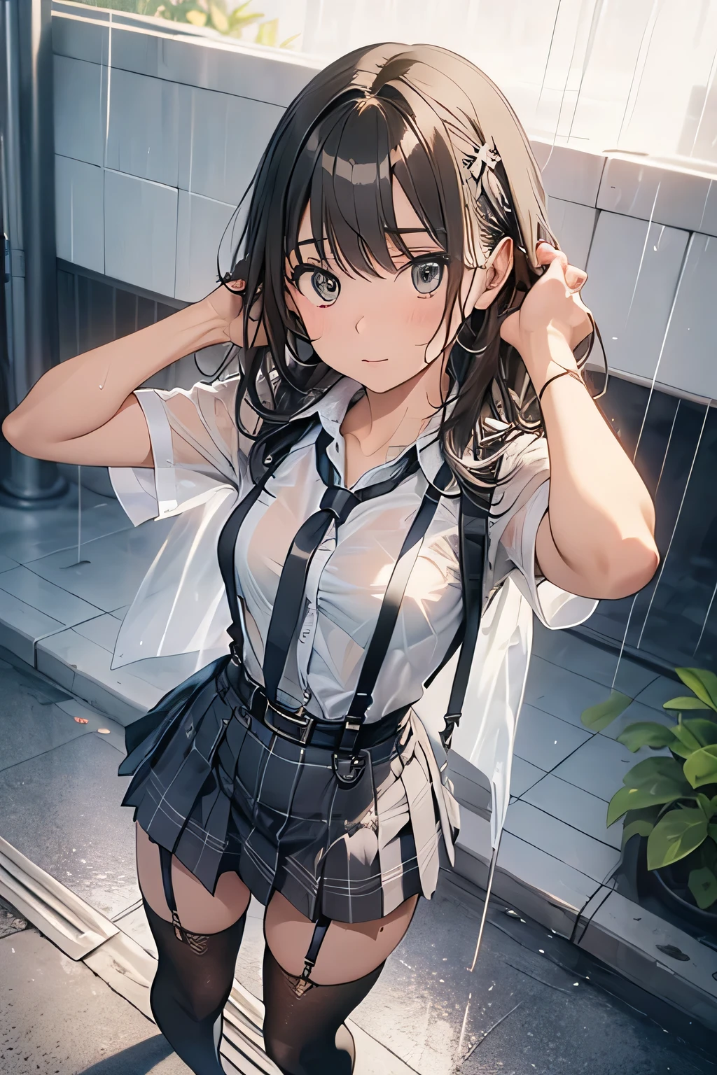 1 female, , high quality, masterpiece, Ultra-high resolution, Cinema Lighting, 1 female, , high quality, masterpiece, Ultra-high resolution, , Cinema Lighting, suspenders　　　Moderate breasts　 　 　　　　　 　　　　Small face　 　　　　　　　　　　　Looking up　　　　Sweat 　　　Thin belt　buzzer　脇Sweat 　　　　 　garter belt　　Belt on pants　　holster　 　　Hands behind your back　 　Looking up　Anxious face　Knee-high　Knee socks　Knee-highソックス 　garter　ふとももにgarter belt　Checkered mini skirt　 　　Panty shot　Skirt gap Armament　　　holster　holster 　　Hands behind your back　 Anxious expression　　Anxious face, legs apart　Armament　　Leg Holster　holster　See-through clothing　heavy rain　Rain-soaked dress shirt,Moderate breasts　ガーターbelt　suspenders　Garter on the thigh　Checkered mini skirt　Looking up　Pause　belt　Armpit sweat　Hands behind back　Raise your hands　heavy rain　See-through　Getting wet in the rain