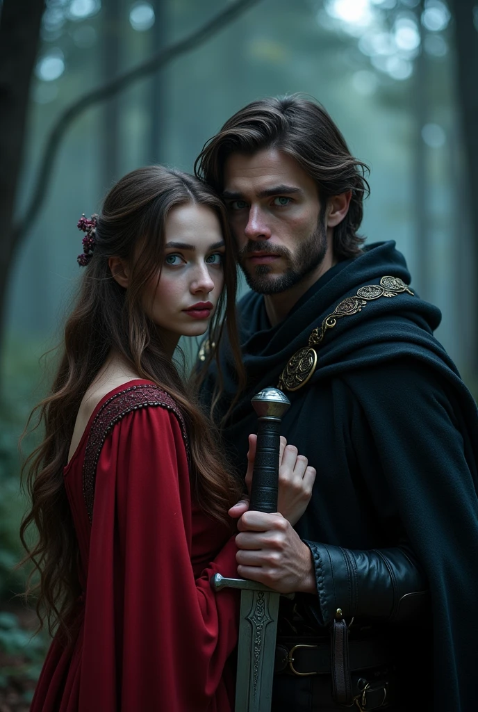 Two people in a dark but magical forest, at night. A man with dark brown hair and greyish blue eyes wearing a black cloak with gold details, protects a woman with brown hair and fine features, blue-eyed with a red dress and red lips, holding a dagger. Both facing forward, Youths. The man is holding a Nordic sword and the woman looks like Barbara Palvin, american model, Barbara Palvin. The man looks like Michael Yerger , Michael Yerger and he is a older, has a beard