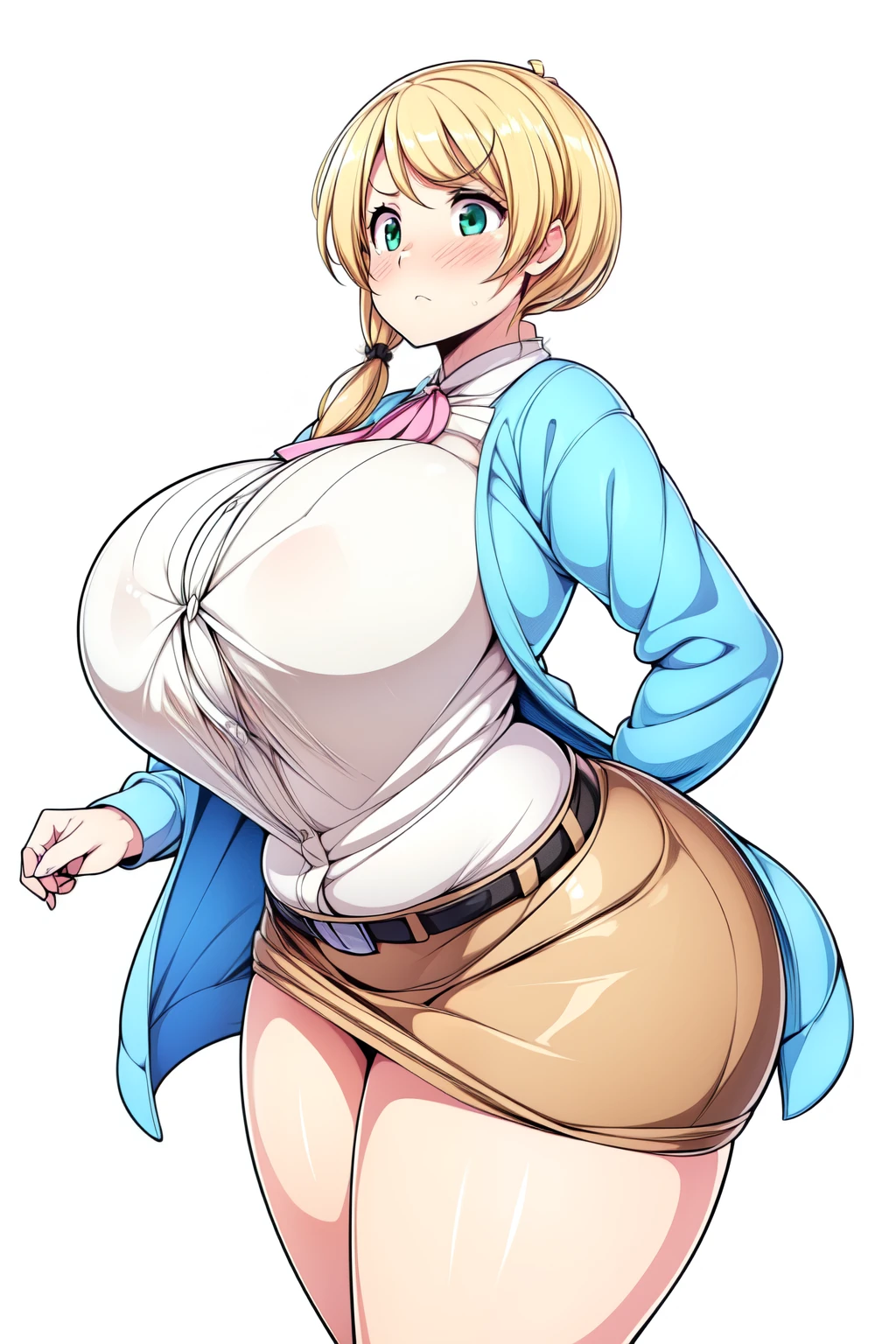 (Highly detailed CG,Highest quality,8k, masterpiece: 1.3),Super Detail, Ultra-high resolution, ((simple white background)), Ellen Baker,girl(teacher),22 years old,Green Eye,Delicate eyes, hair(blonde,length,Loose Side Tail), skin(shiny, oily), (White transparent blouse),(Light blue cardigan), (((without skirt))), (Cute pink panty), (thin:1.4), (huge breasts, bursting breast), (narrow waist:1.4), (wide hips), ((voluptuous thighs, thick thighs)), (from side:0.8), anguish, blush,