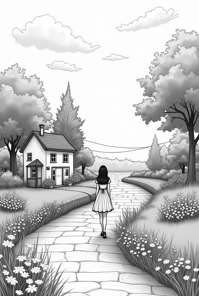 a landscape to draw with flowers a woman in a dress a street, river and a pretty little house and the pretty sky but only the drawing without colors to draw