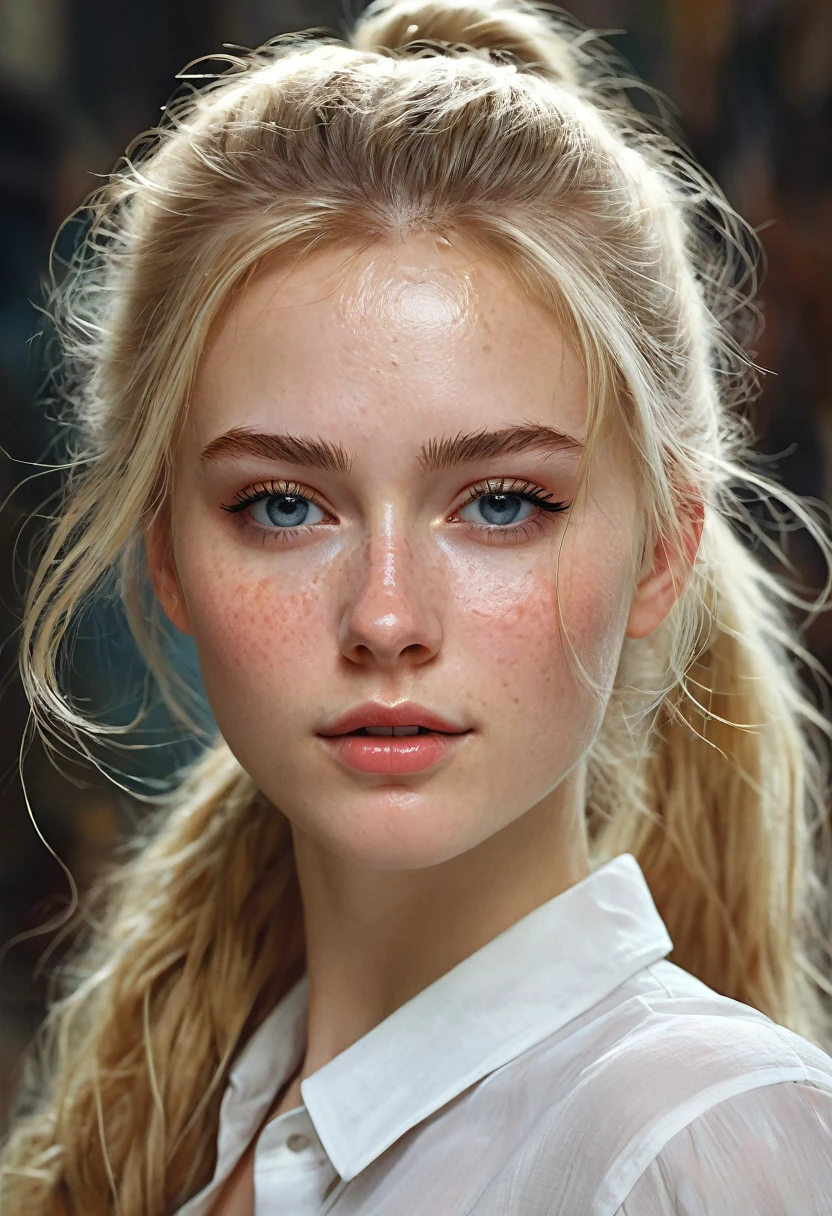 closeup of a Breathtaking hot Russian school girl wearing a unbuttoned tight white shirt with long dynamic blonde hair in a messy ponytail , pale skin, perfect skin, black eyeliner , long eyelashes, soft skin, slight freckles, defined cheek bones, high cheek bones,  round face, cheery, blushing, magic mist, digital painting,  digital illustration,  extreme detail,  digital art,  4k,  ultra hd, Anna Dittmann, greg rutkowski, alyssa monks, hyperrealism, trending on artstation, by Egon Schiele, gustave dore, david mann, vintage photography,  beautiful,  tumblr aesthetic,  hd photography,  hyperrealism