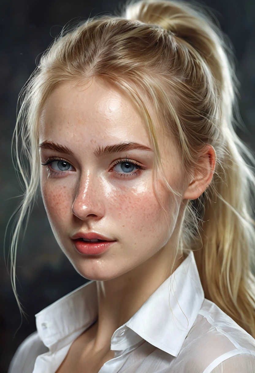 closeup of a Breathtaking hot Russian school girl wearing a unbuttoned tight white shirt with long dynamic blonde hair in a messy ponytail , pale skin, perfect skin, black eyeliner , long eyelashes, soft skin, slight freckles, defined cheek bones, high cheek bones, round face, cheery, blushing, magic mist, digital painting, digital illustration, extreme detail, digital art, 4k, ultra hd, Anna Dittmann, greg rutkowski, alyssa monks, hyperrealism, trending on artstation, by Egon Schiele, gustave dore, david mann, vintage photography, beautiful, tumblr aesthetic, hd photography, hyperrealism