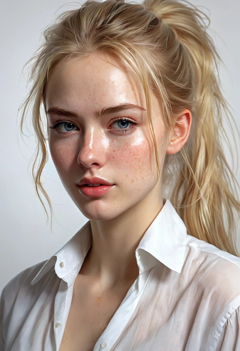 closeup of a Breathtaking hot Russian school girl wearing a unbuttoned tight white shirt with long dynamic blonde hair in a messy ponytail , pale skin, perfect skin, black eyeliner , long eyelashes, soft skin, slight freckles, defined cheek bones, high cheek bones,  round face, cheery, blushing, magic mist, digital painting,  digital illustration,  extreme detail,  digital art,  4k,  ultra hd, Anna Dittmann, greg rutkowski, alyssa monks, hyperrealism, trending on artstation, by Egon Schiele, gustave dore, david mann, vintage photography,  beautiful,  tumblr aesthetic,  hd photography,  hyperrealism