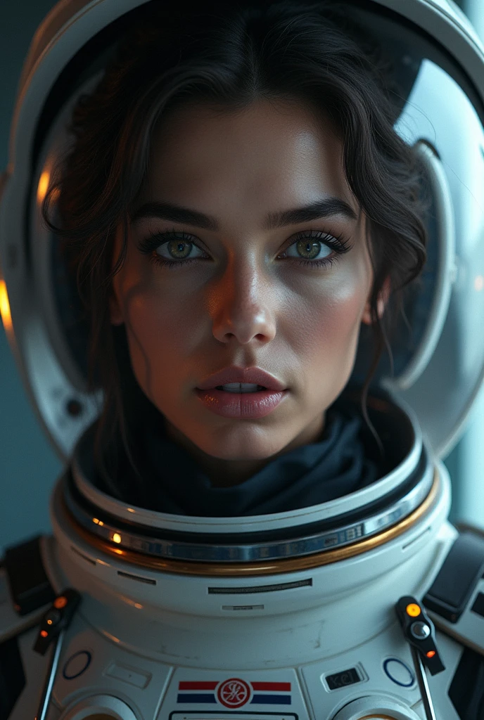 beautiful detailed eyes, beautiful detailed lips, extremely detailed eyes and face, long eyelashes, 1 woman, Arabian Moroccan woman, height 170 cm, weight 70 kg, medium body size, standing, ESA space suit, photorealistic, in other planet, advanced technology, futuristic environment, dramatic lighting, vivid colors, cinematic composition, intricate details, masterpiece, dark, full body view