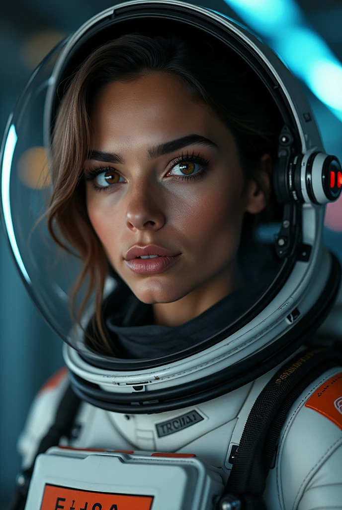 beautiful detailed eyes, beautiful detailed lips, extremely detailed eyes and face, long eyelashes, 1 woman, Arabian Moroccan woman, height 170 cm, weight 70 kg, medium body size, standing, ESA space suit, photorealistic, in other planet, advanced technology, futuristic environment, dramatic lighting, vivid colors, cinematic composition, intricate details, masterpiece, dark, full body view