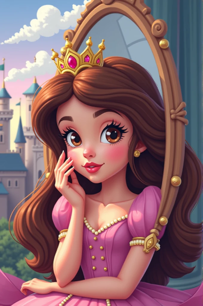 1 girl,Disney pixels,pixalated style, beautiful detailed eyes, beautiful detailed lips,extremely deitaled eyes and face,longeyelashes, super cute expression,princess dress,fantasy castle background. (best quality,4k,8k,highres,masterpiece:1,2),ultra a cury brunette princess with a crown and light brown and light brown eyes applying makeup the mirror.
