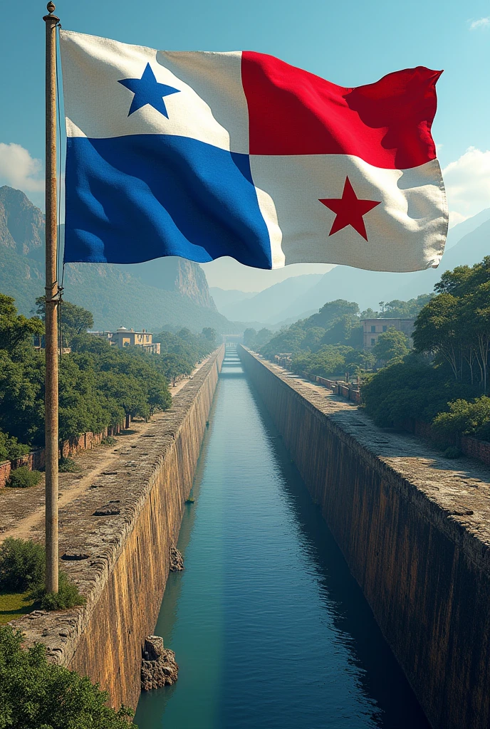 3D poster of the Panama Canal with the Panamanian flag and behind or to the side Panama La Vieja