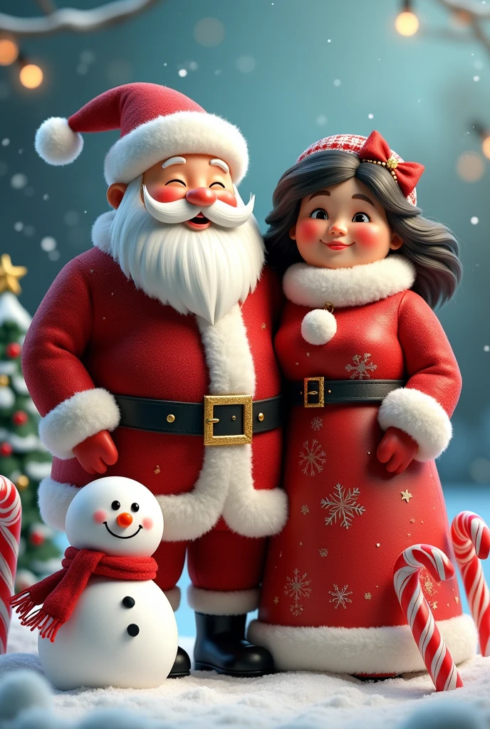 Santa Claus with his chubby wife black hair,
Snowman,candy cane