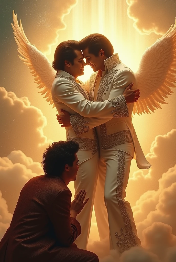 Juan Gabriel hugging Elvis in heaven while Harry Styles prays to them