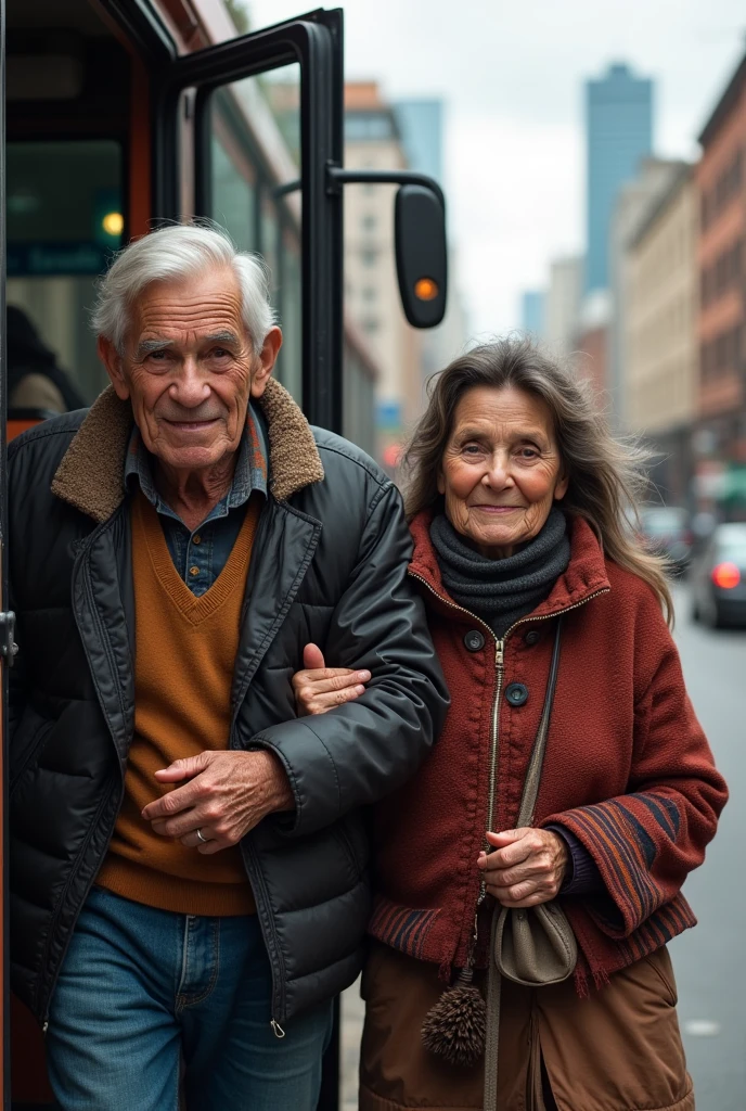 The elderly Andean couple gets off the minibus that arrived in the city 