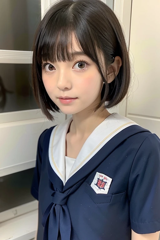 Japanese short hair girl、small、cute、Childish、black eye、Black Hair、Beautiful Skin、Sloping shoulders、Thin legs、body（slim）、５Head to Body、small胸、Fine and accurate eye、Narrow shoulders、double eyelid、classroom、shabby bangs、school uniform、Blue hairpin、８ｋ、
