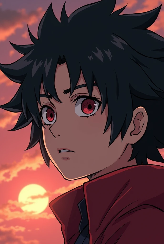 A boy around 17, with black curly hair, with sharingan in the naruto universe with a susanoo